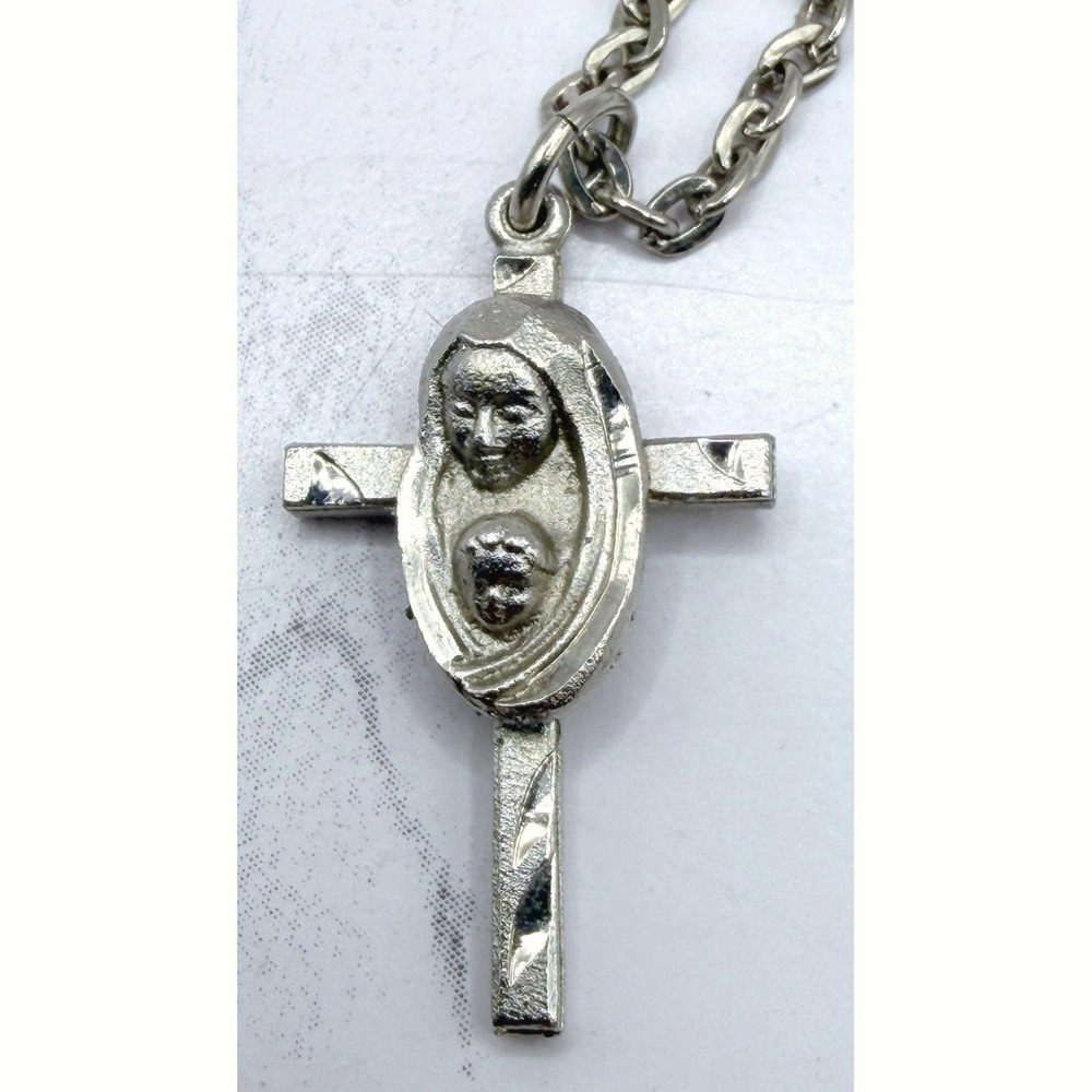 Silver Cross Necklace Mary Jesus Center 20" Chain‎ Etched Pendant Faith Jewelry